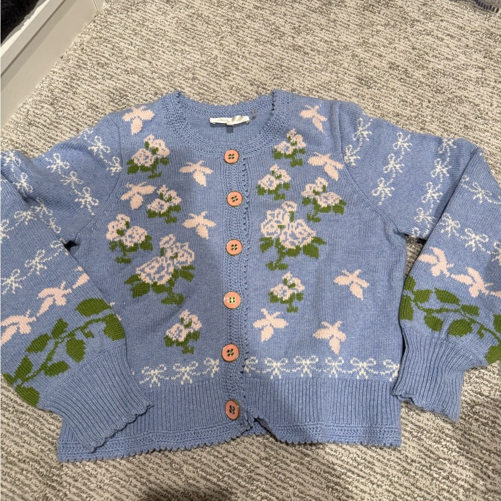 LoveShackFancy Floral Blue Cardigan Sweater